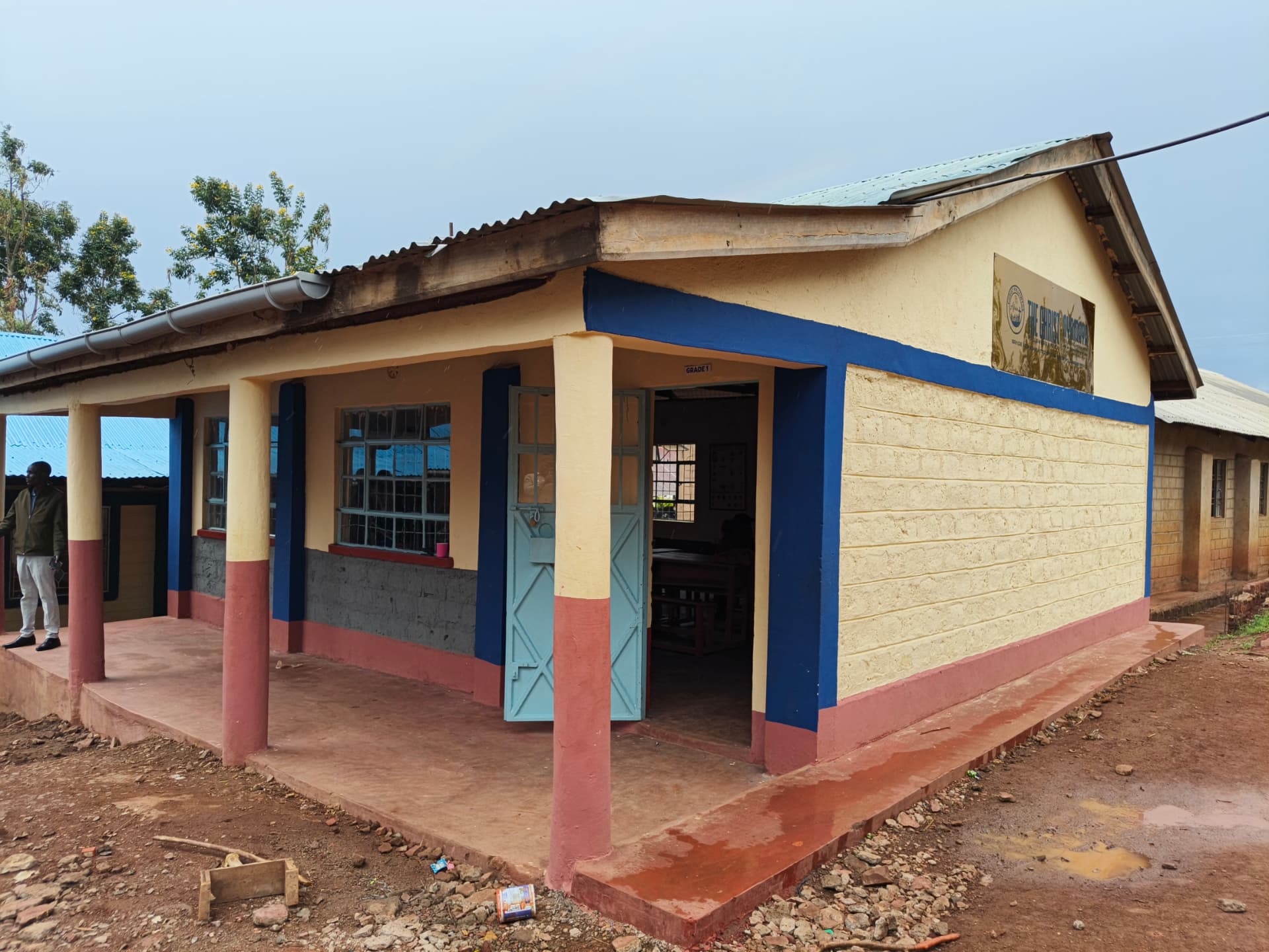 Grade 1 classroom entrance with fresh paint and new blue door
