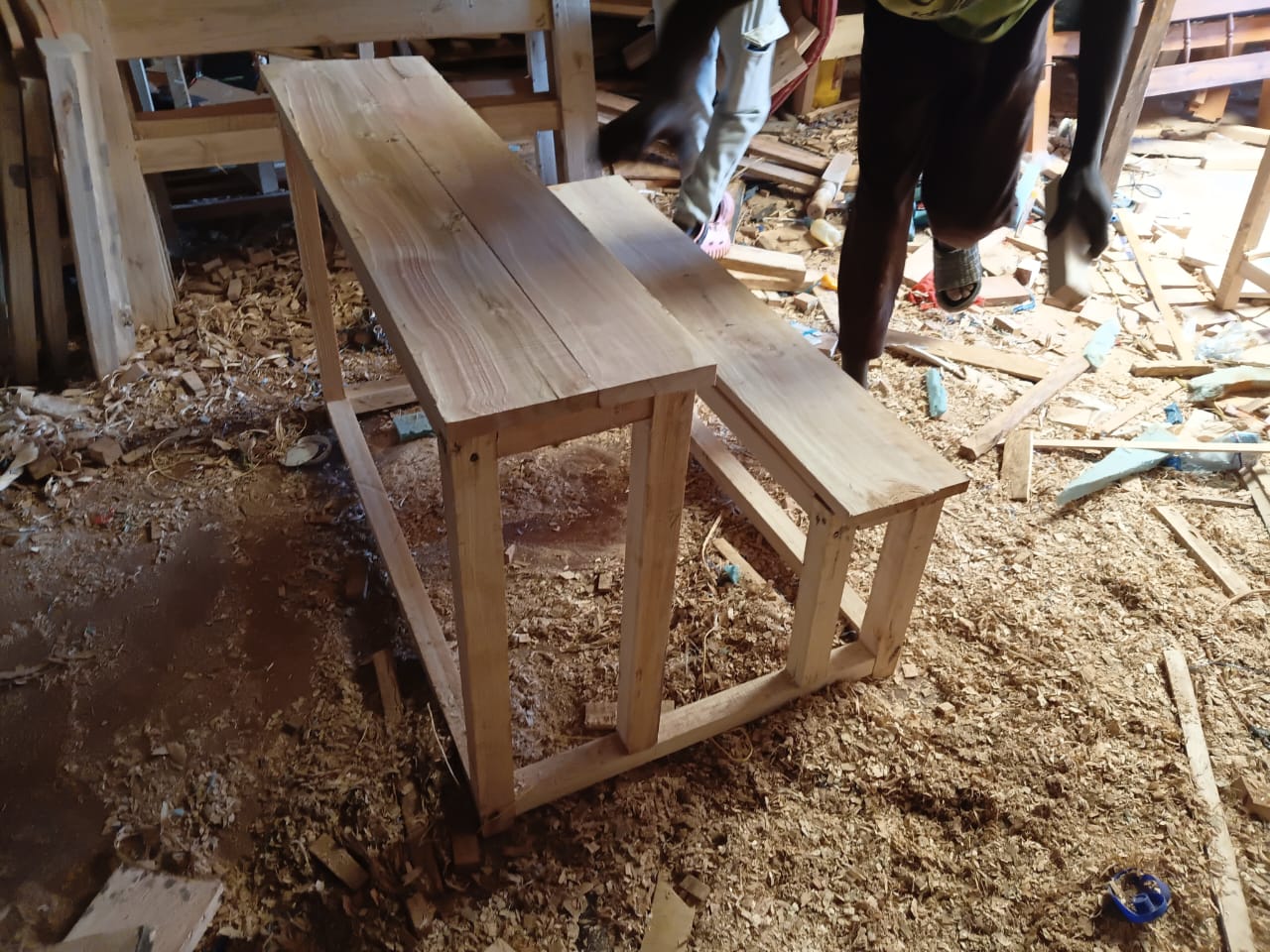 New desk and matching bench set assembled in the workshop
