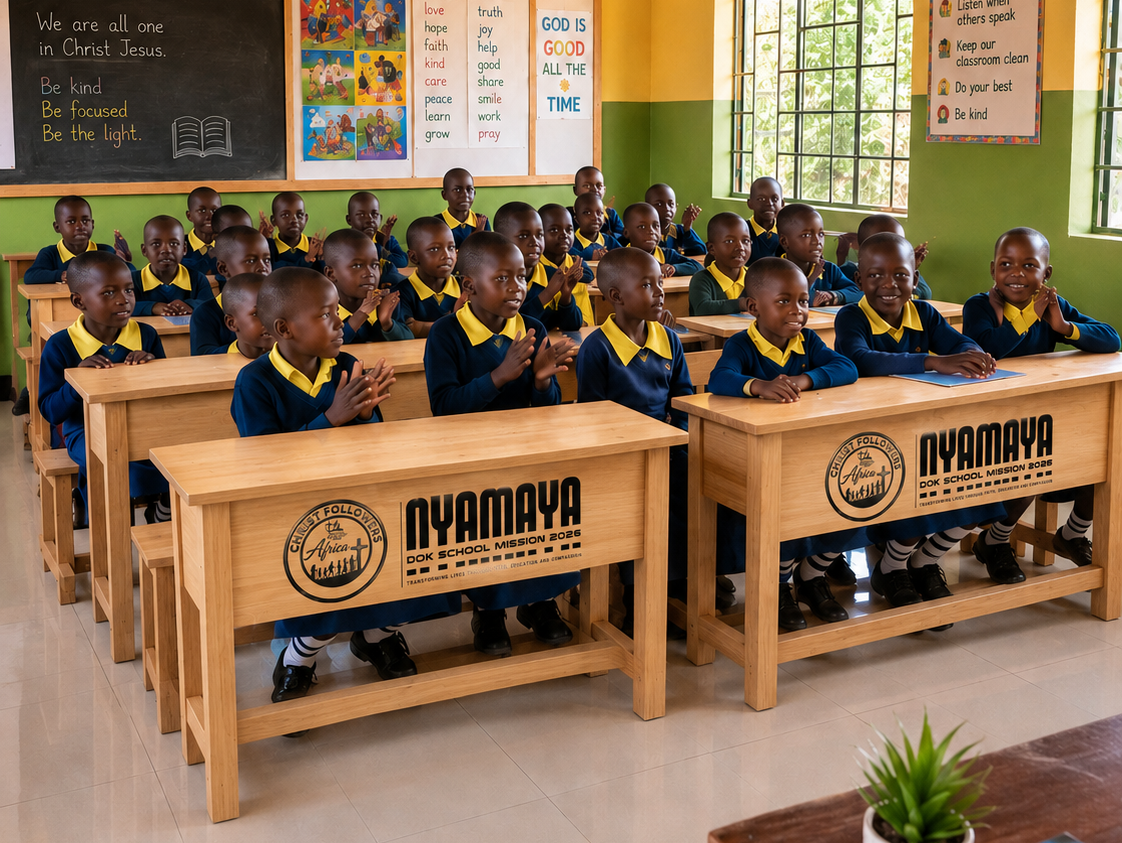 Pupils smiling at their desks in a rural classroom